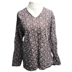 Orvis Brown Floral Embroidered Pull Over V Neck Long Sleeved Shirt Blouse XL